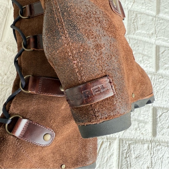 Sorel Joan Of Artic Tall Lace Up Wedge Boots Hawk Brown Suede Leather Size 8.5 - Picture 7 of 8
